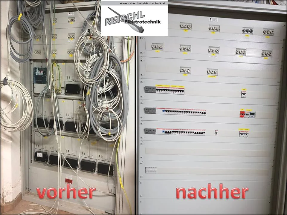 Zählerschrank links voller loser Kabelbündel, rechts derselbe Schrank sauber aufgebaut mit Sicherungsautomaten
